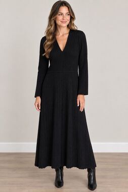 The Fold London Black Arcella Stretch Knit Midi Dress Women’s Large 12 14 Vneck